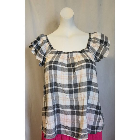 Lucky Brand Women's Plaid Flutter Sleeve Blouse Size Small Black and White NWOT - Picture 1 of 5